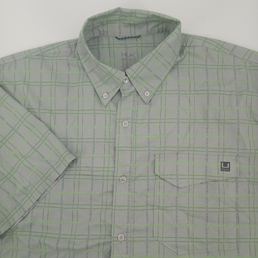 Huk Mens XL Short Sleeve Fishing Shirt Grey Lime Green Plaid Perforated Vented